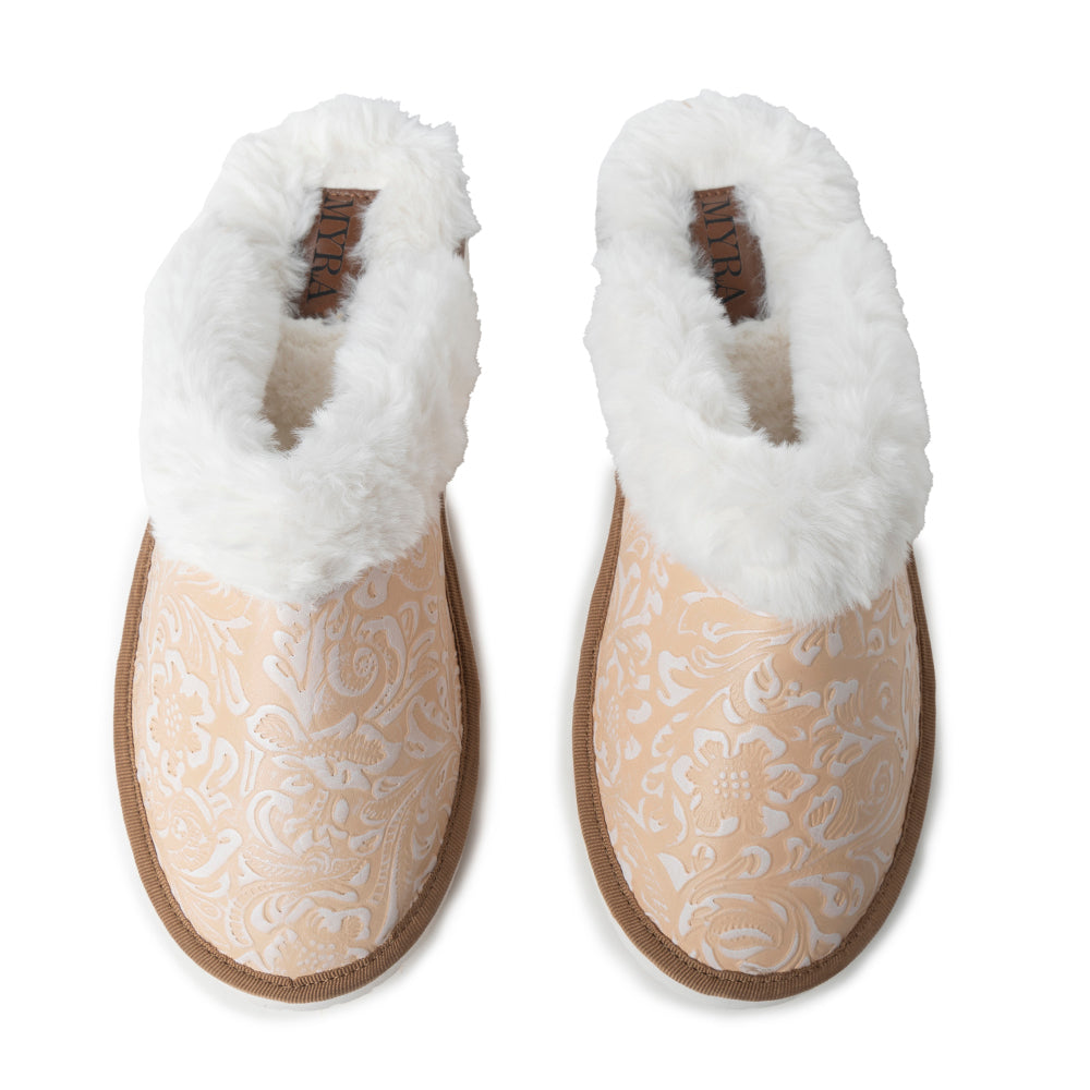 Pantoufles en cuir gaufré Snowdrift, beiges et hivernales