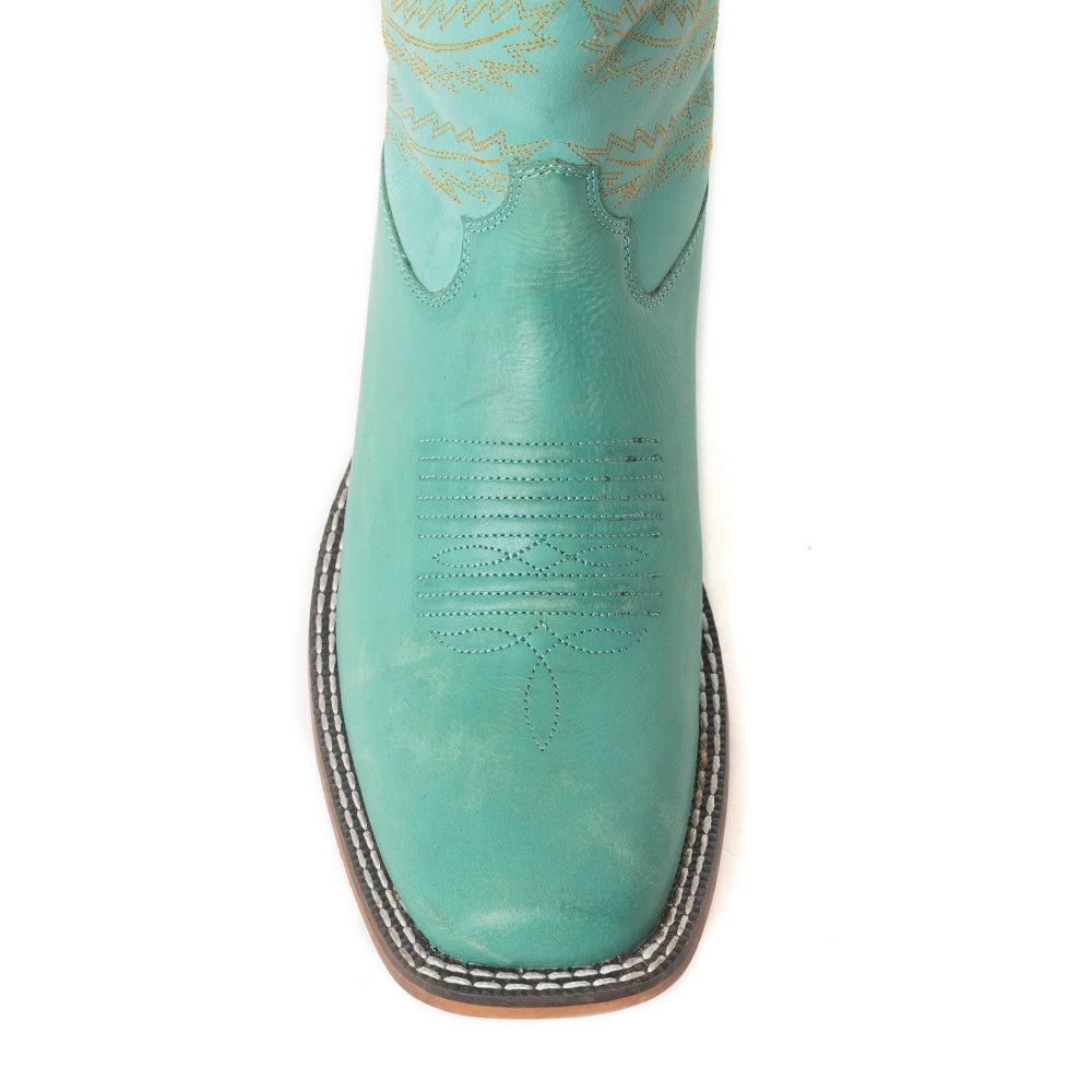 Bottes western en cuir brodées de lupin bleu sarcelle