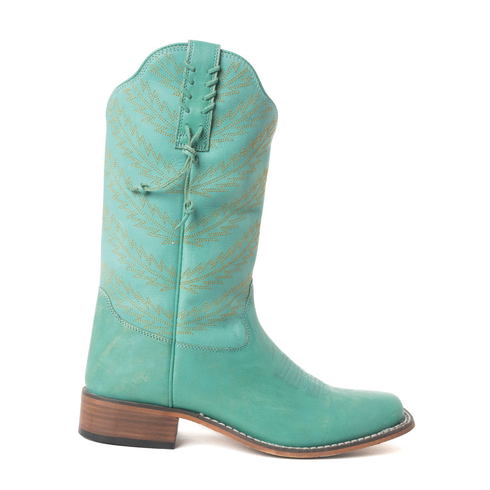 Bottes western en cuir brodées de lupin bleu sarcelle