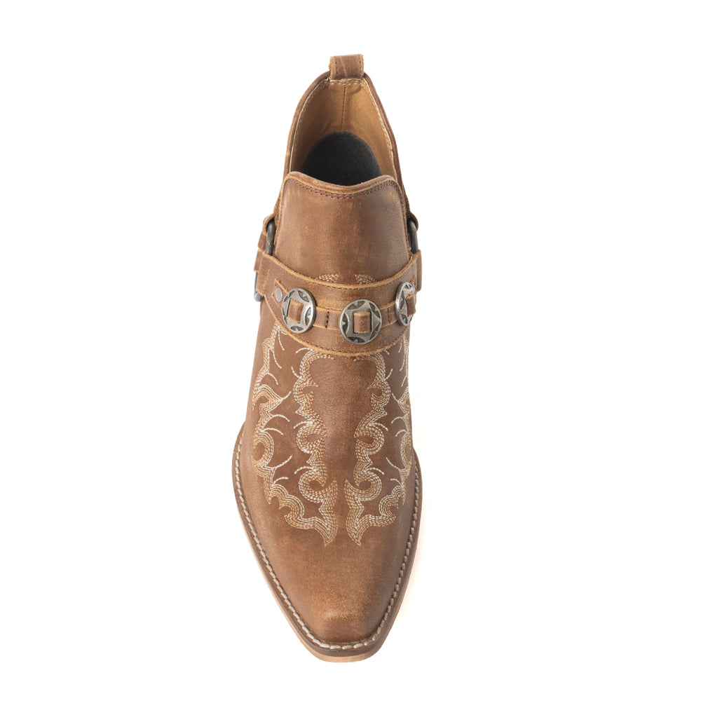 Myra Western – Bottines Ember pour femme – Cuir brodé avec brides à boucle, bout pointu et talon bas empilé