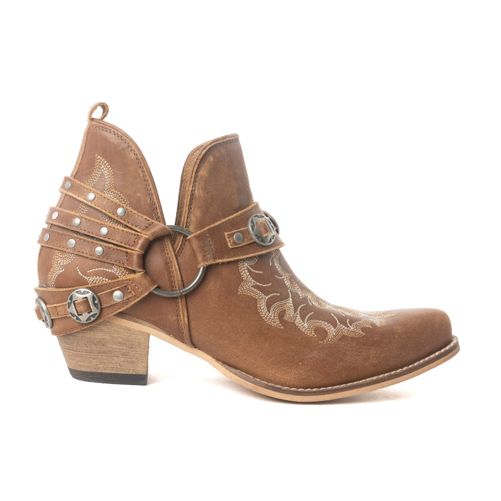 Myra Western – Bottines Ember pour femme – Cuir brodé avec brides à boucle, bout pointu et talon bas empilé