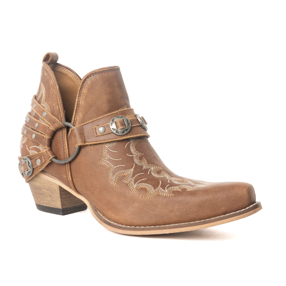 Myra Western – Bottines Ember pour femme – Cuir brodé avec brides à boucle, bout pointu et talon bas empilé