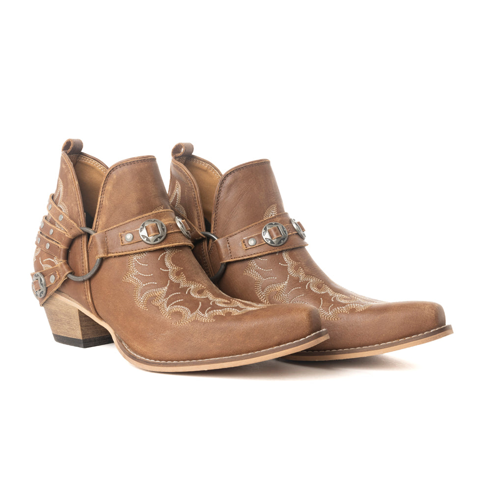 Myra Western – Bottines Ember pour femme – Cuir brodé avec brides à boucle, bout pointu et talon bas empilé