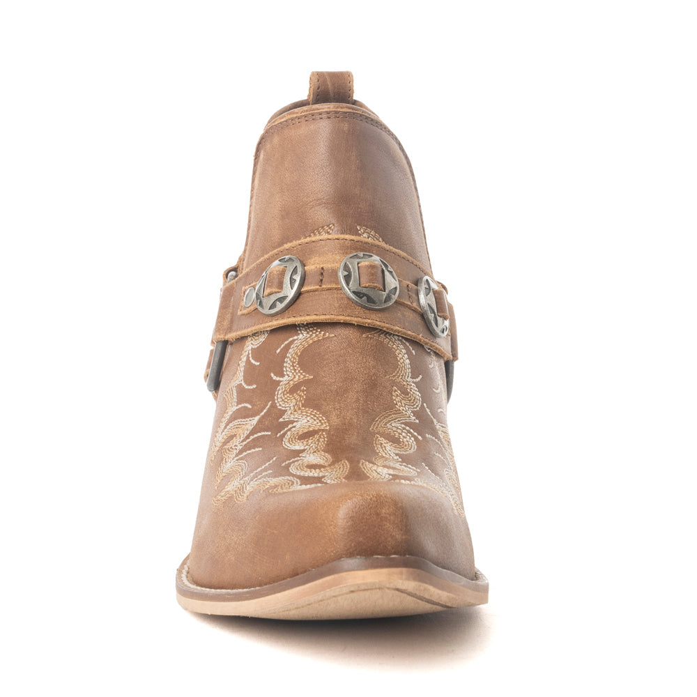 Myra Western – Bottines Ember pour femme – Cuir brodé avec brides à boucle, bout pointu et talon bas empilé