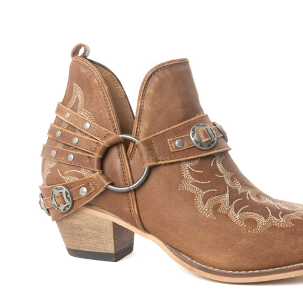 Myra Western – Bottines Ember pour femme – Cuir brodé avec brides à boucle, bout pointu et talon bas empilé