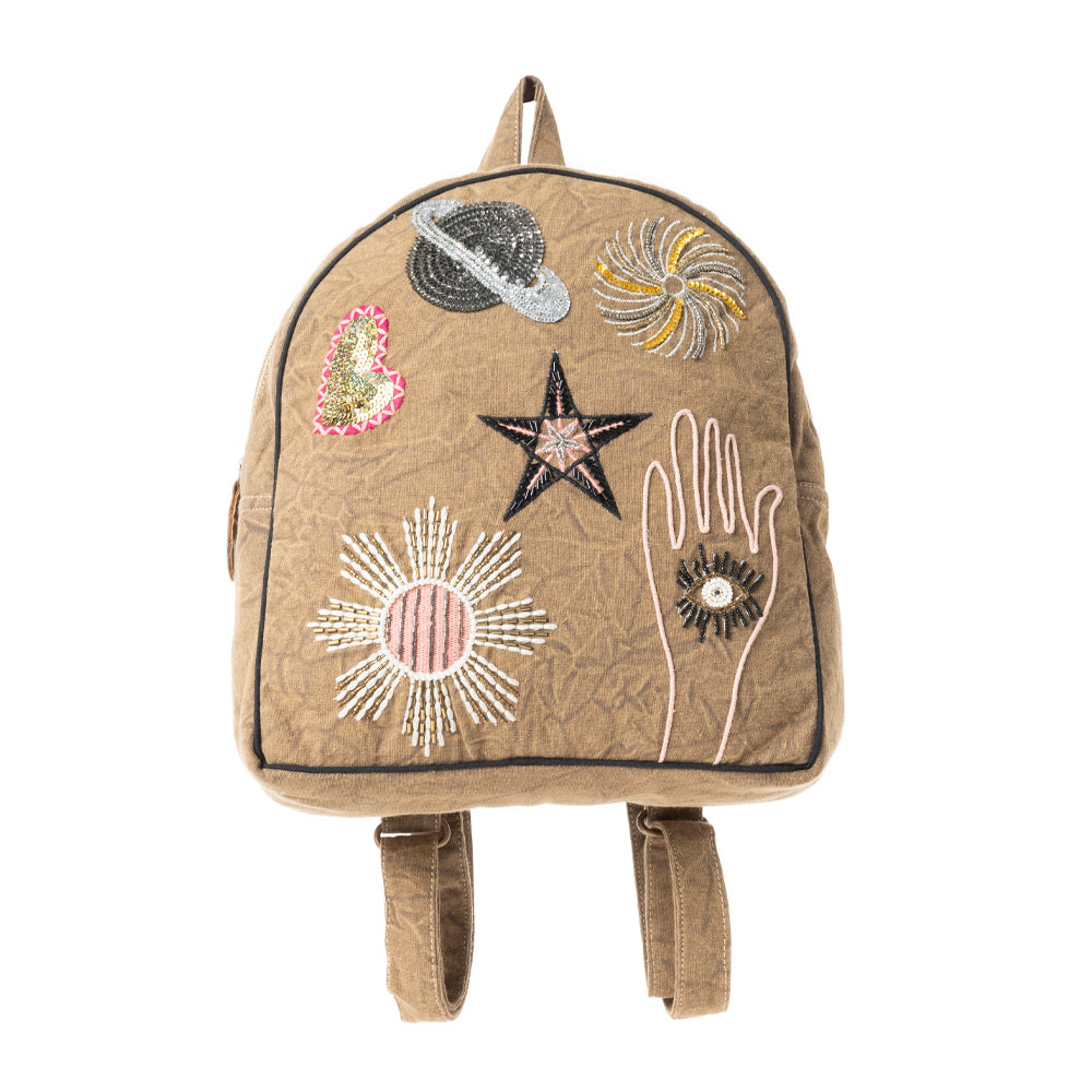 Sac à dos en toile recyclée Boho Cosmique Taupe Vintage