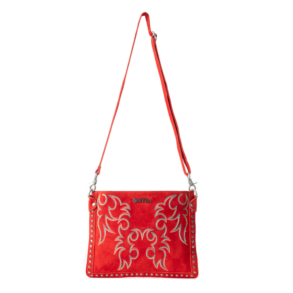 Sac bandoulière en cuir brodé Myra Texas Rose pour femme avec finition daim et détails cloutés argentés
