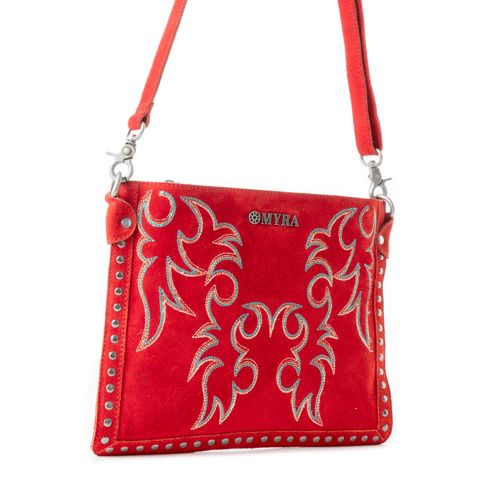 Sac bandoulière en cuir brodé Myra Texas Rose pour femme avec finition daim et détails cloutés argentés