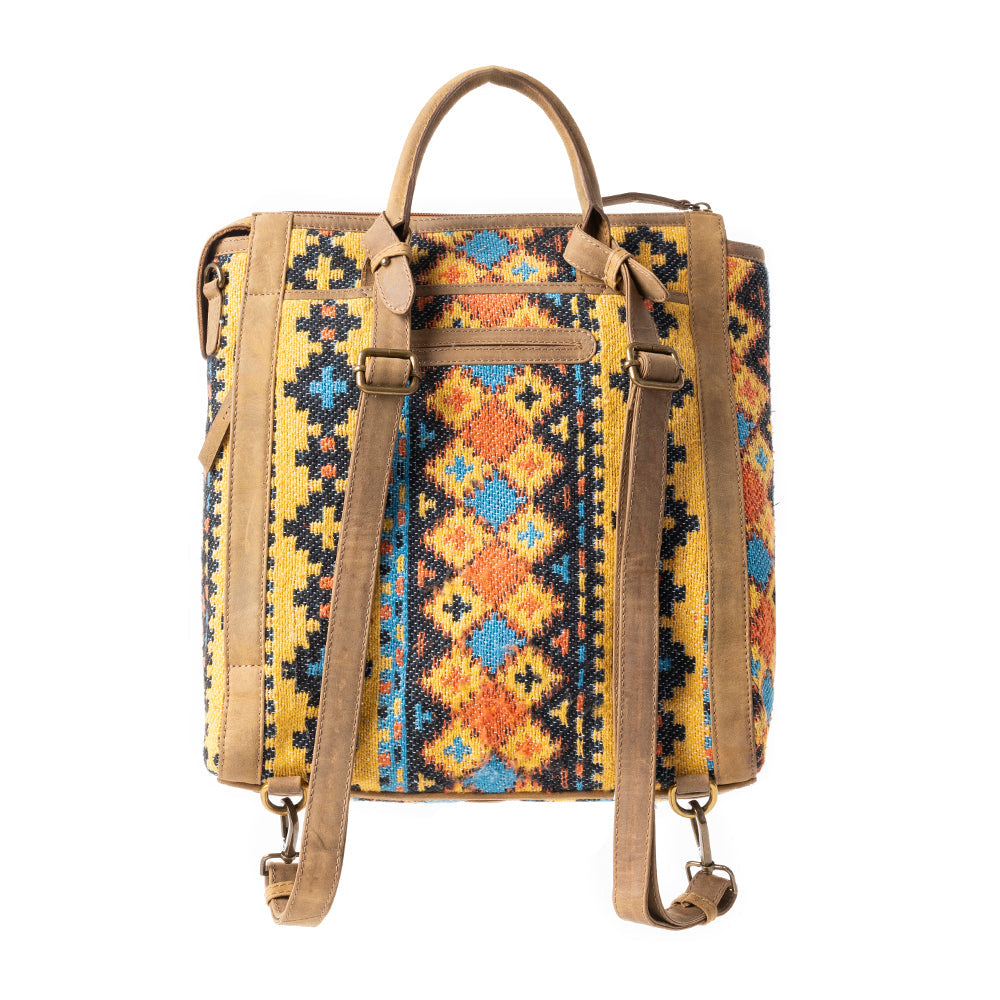 Sac à dos en cuir avec tapis Navajo tissé, couleur Ambre du désert