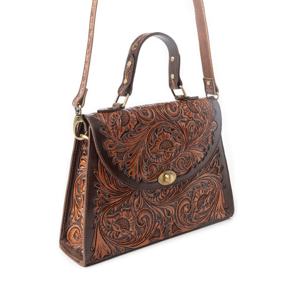 Sac en cuir repoussé Savannah en marron foncé