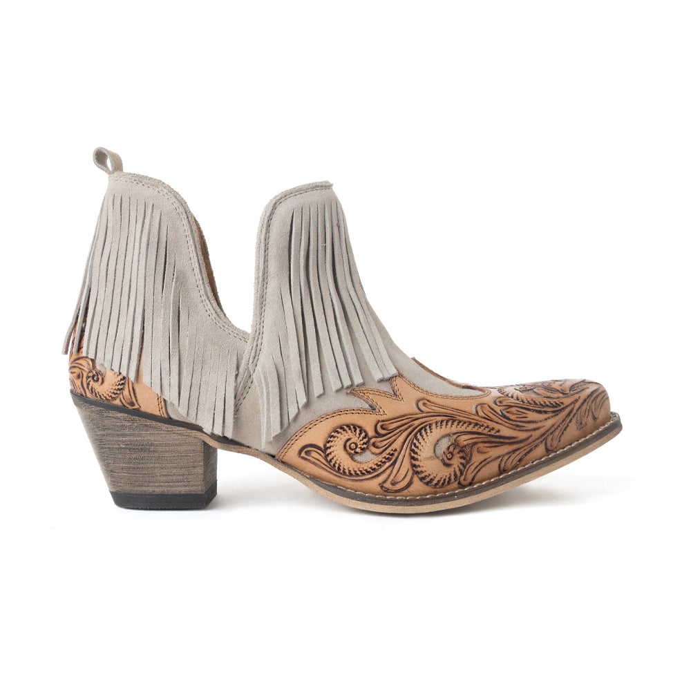 Bottines en cuir ciselé Myra Cimarron Belle frangées, coloris Wild Tan