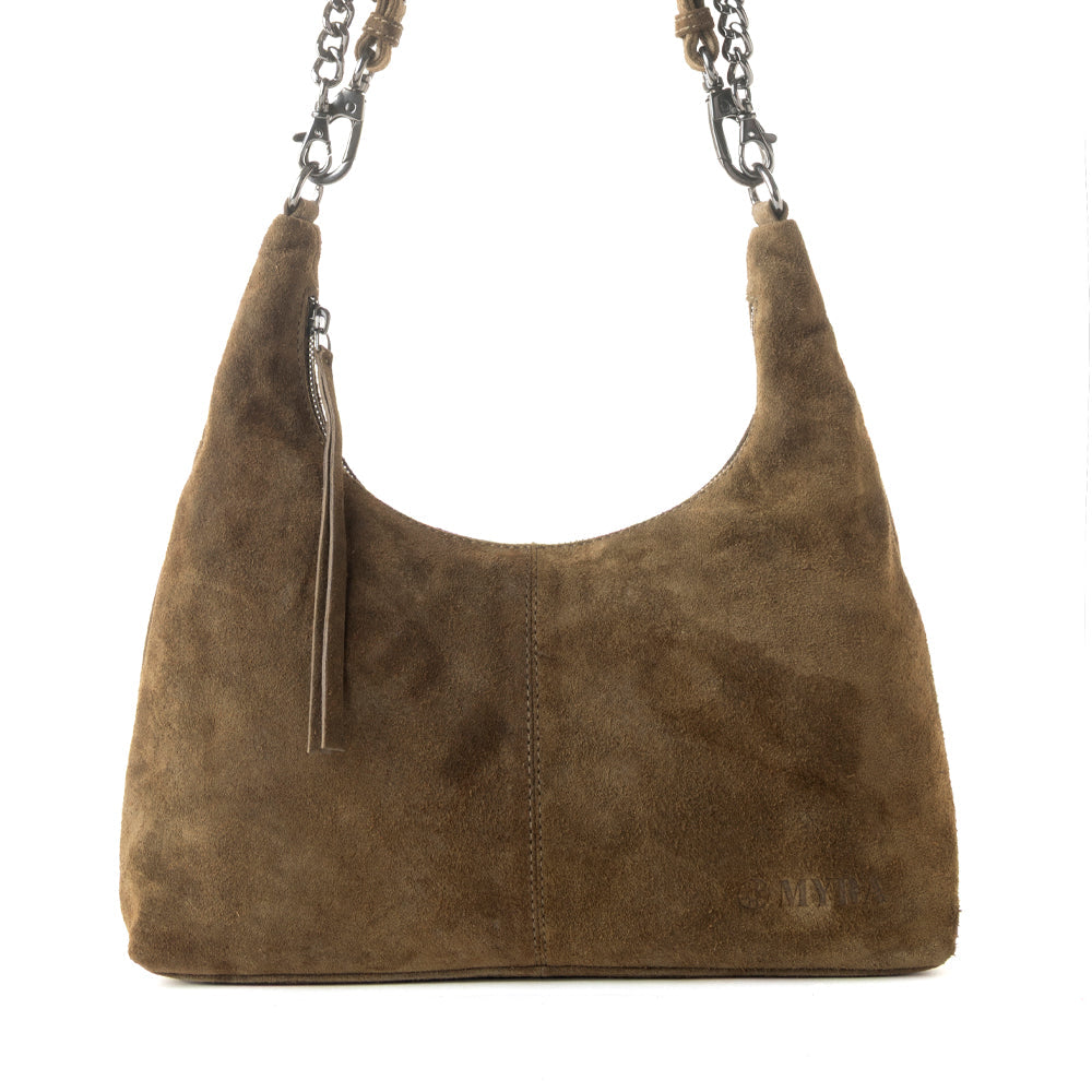 Sac en daim véritable Myra Juniper Trail pour femme, couleur olive, finition douce avec bandoulière supplémentaire