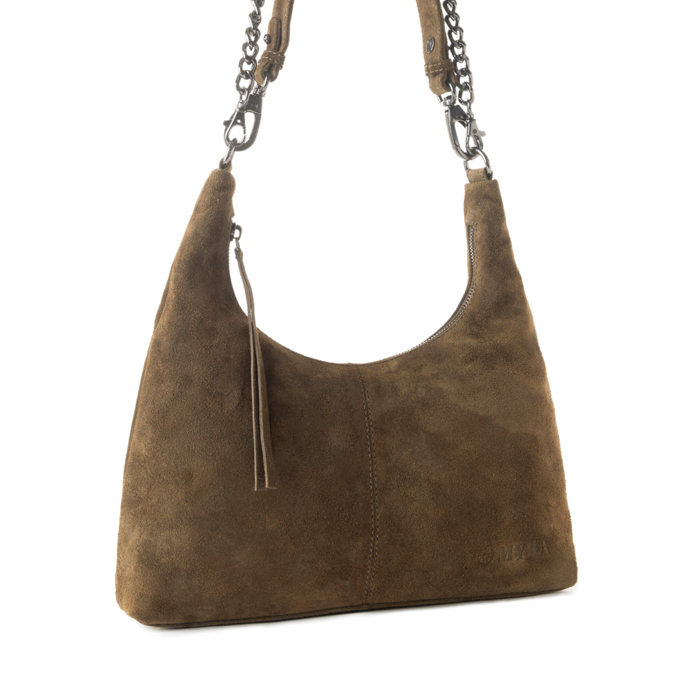 Sac en daim véritable Myra Juniper Trail pour femme, couleur olive, finition douce avec bandoulière supplémentaire