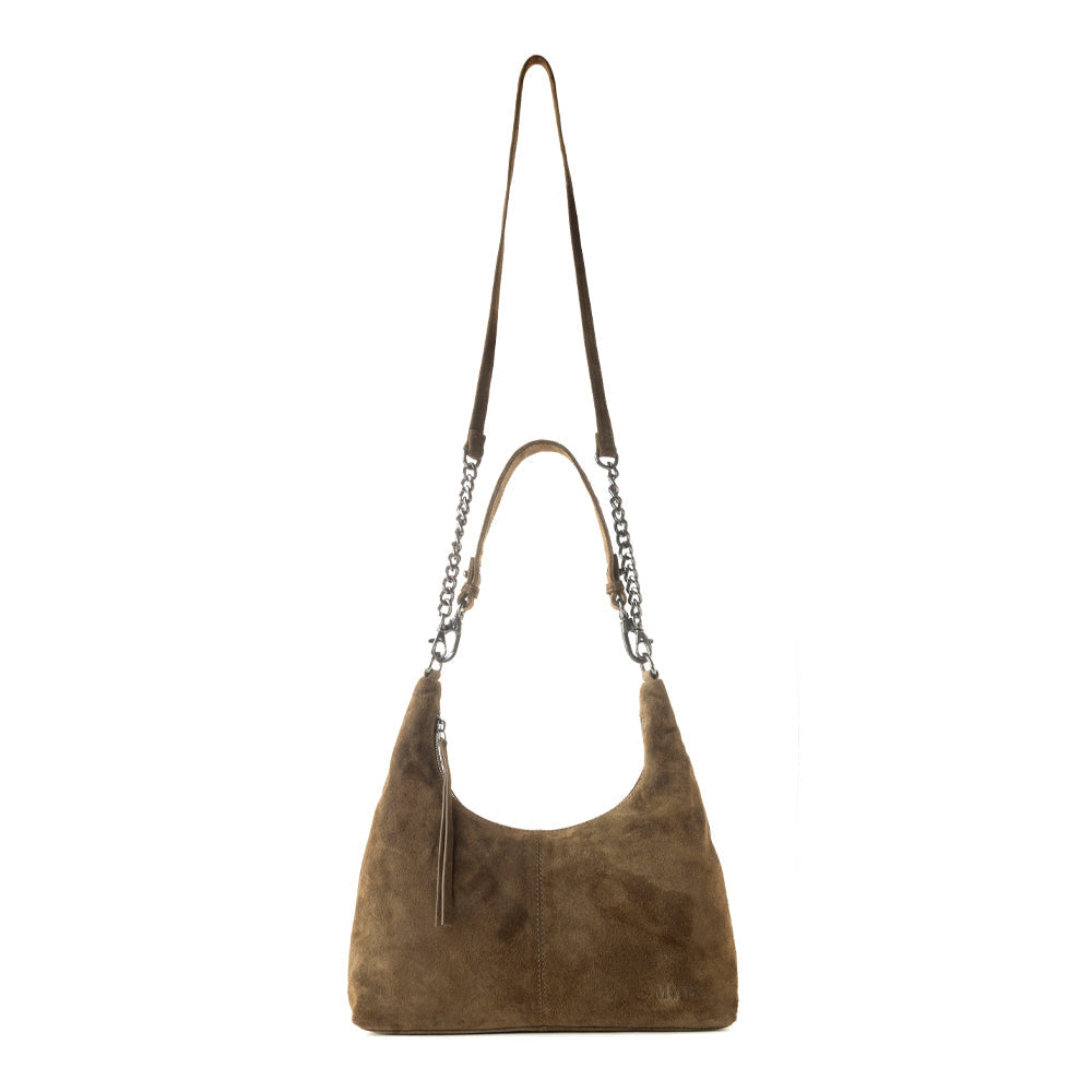 Sac en daim véritable Myra Juniper Trail pour femme, couleur olive, finition douce avec bandoulière supplémentaire