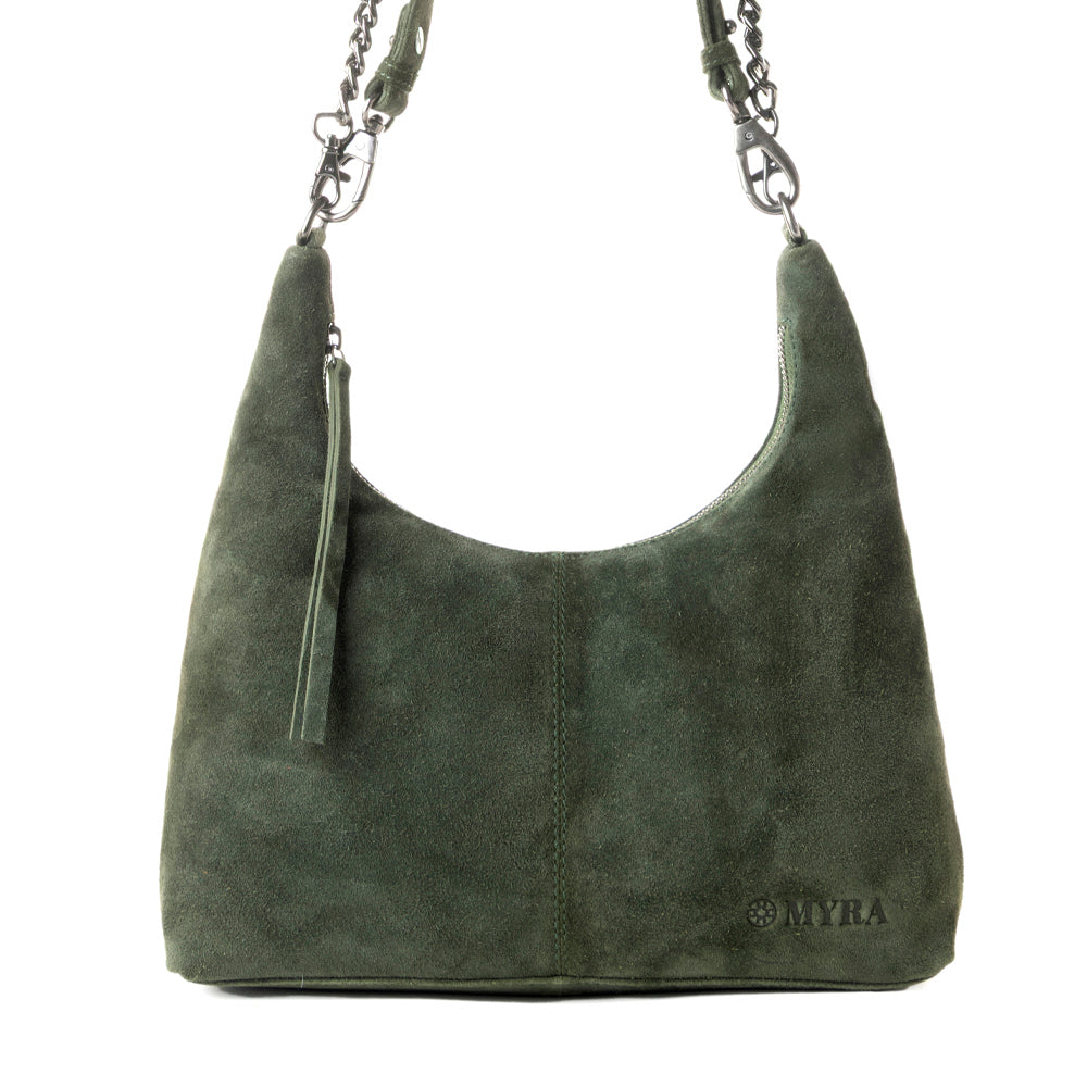 Sac en daim véritable Myra Juniper Trail pour femme vert forêt avec bandoulière supplémentaire