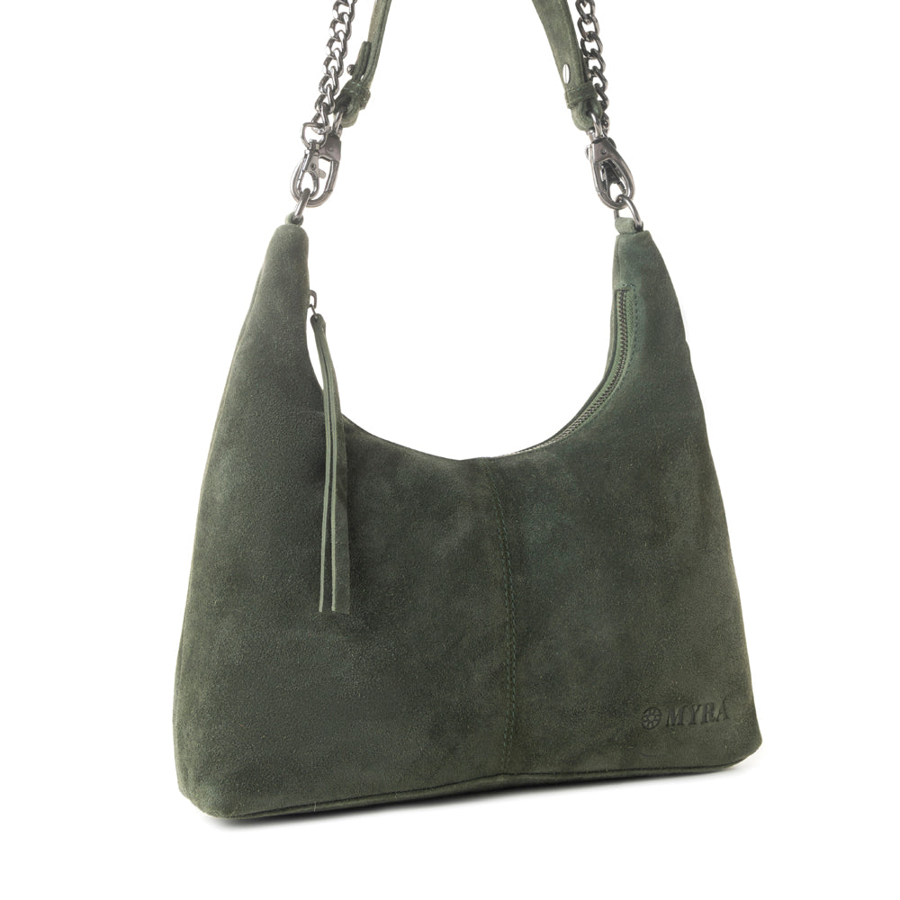 Sac en daim véritable Myra Juniper Trail pour femme vert forêt avec bandoulière supplémentaire
