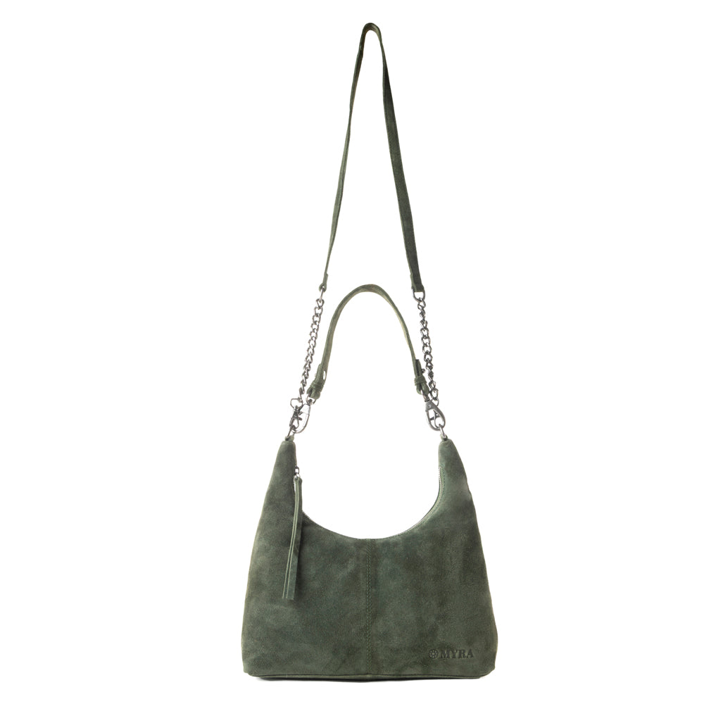 Sac en daim véritable Myra Juniper Trail pour femme vert forêt avec bandoulière supplémentaire