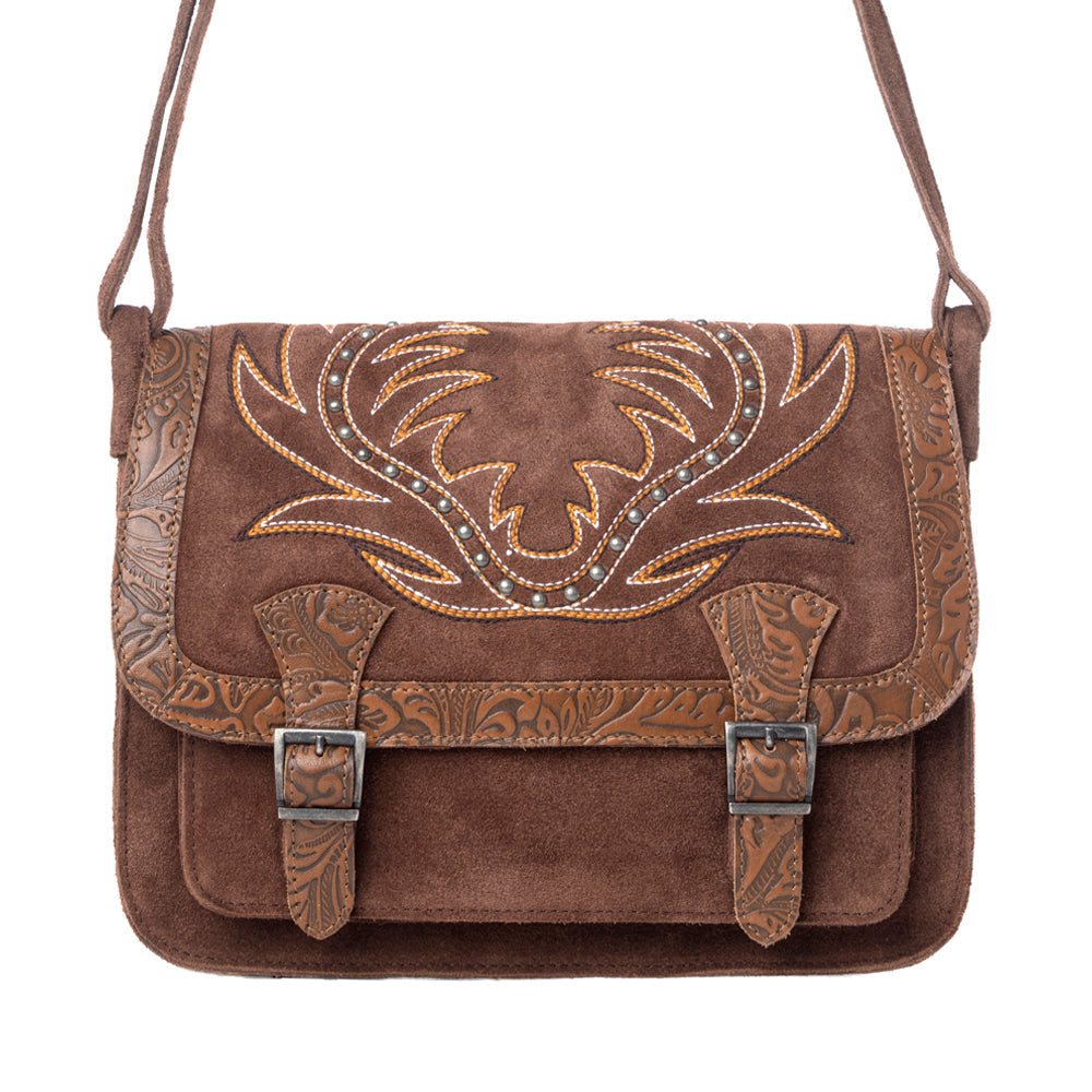 Botte en cuir suédé Myra Amberwood, sac en cuir brodé marron châtaigne