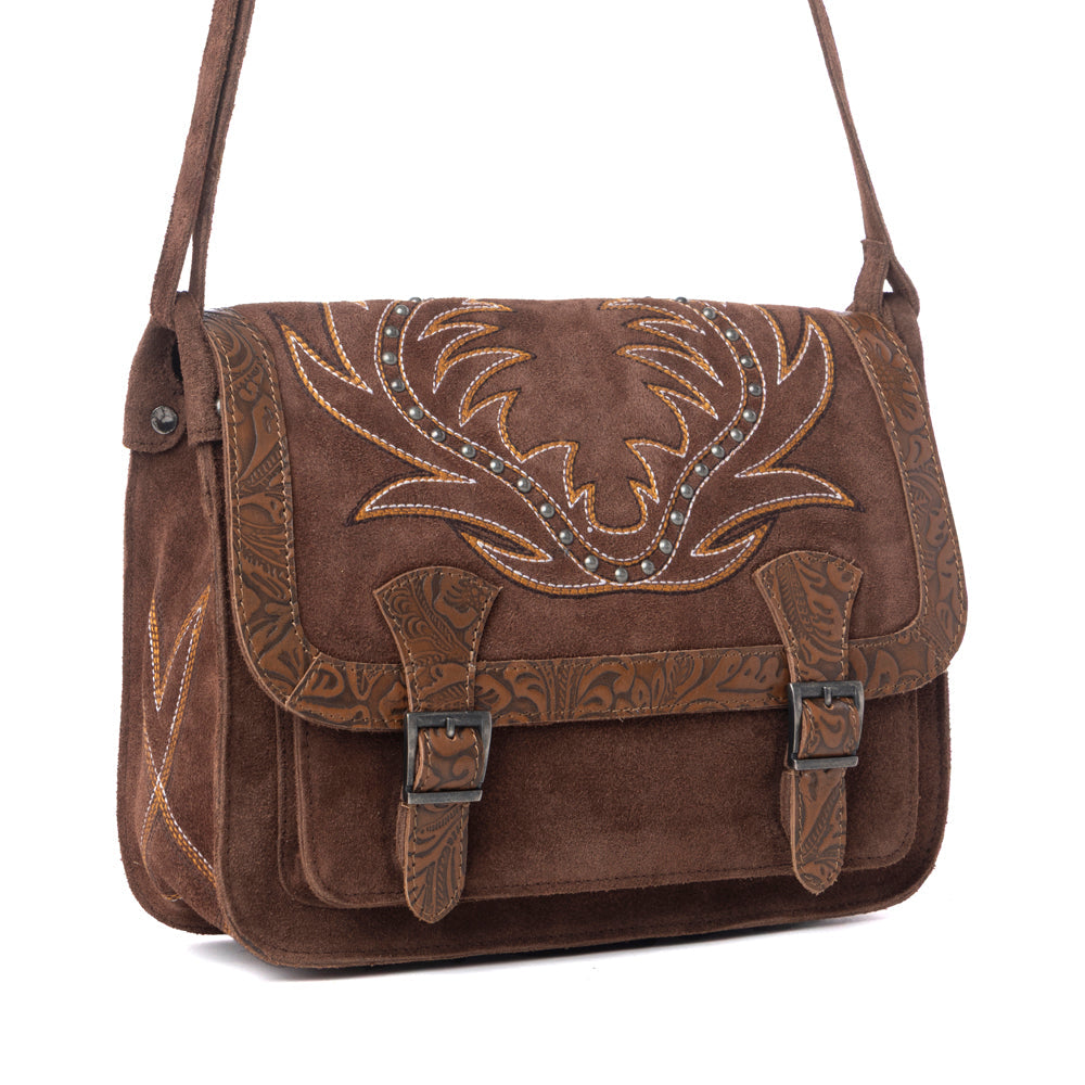 Botte en cuir suédé Myra Amberwood, sac en cuir brodé marron châtaigne
