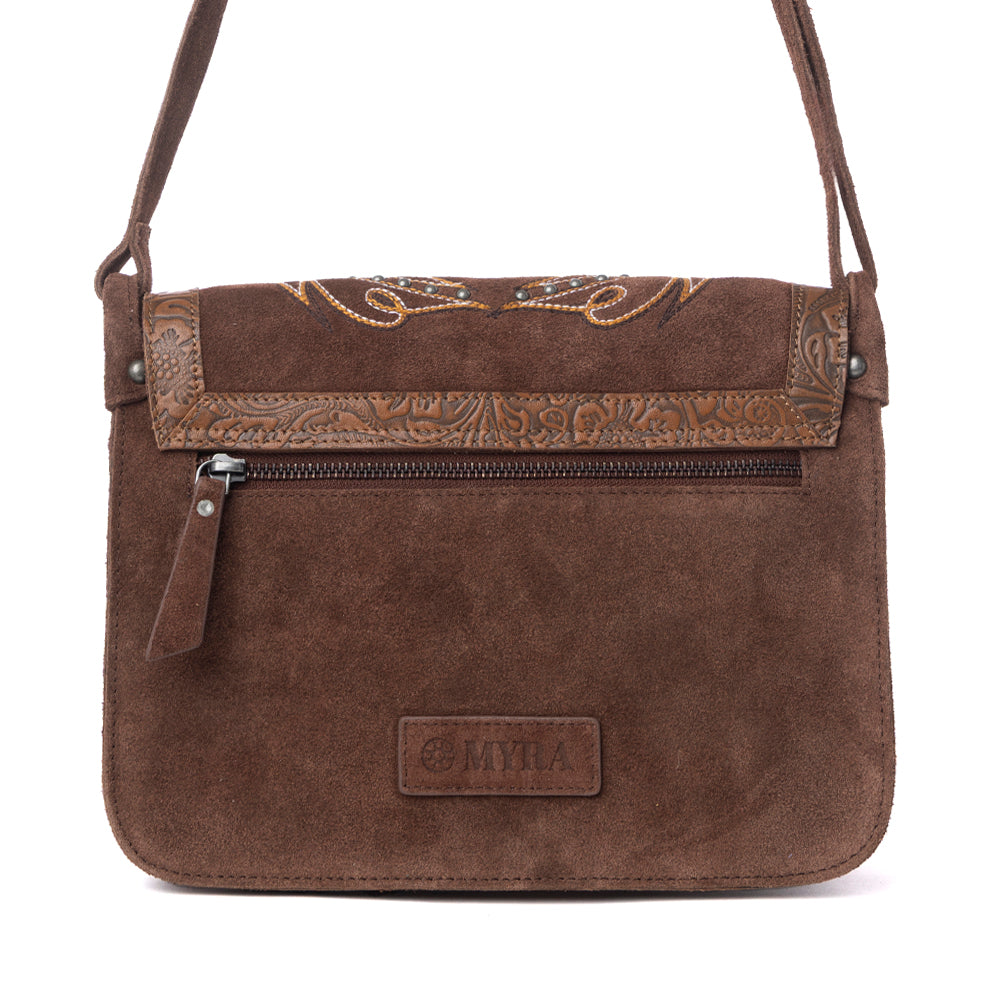 Botte en cuir suédé Myra Amberwood, sac en cuir brodé marron châtaigne