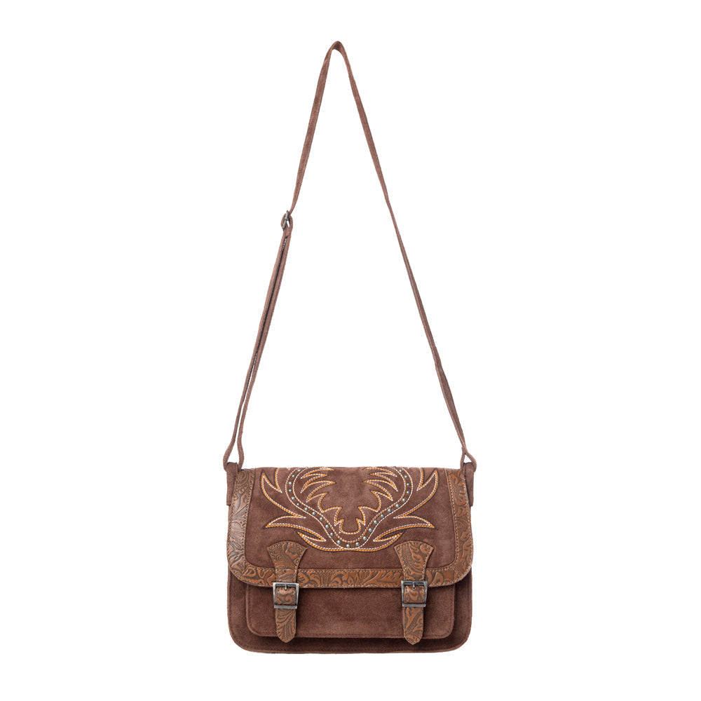 Botte en cuir suédé Myra Amberwood, sac en cuir brodé marron châtaigne