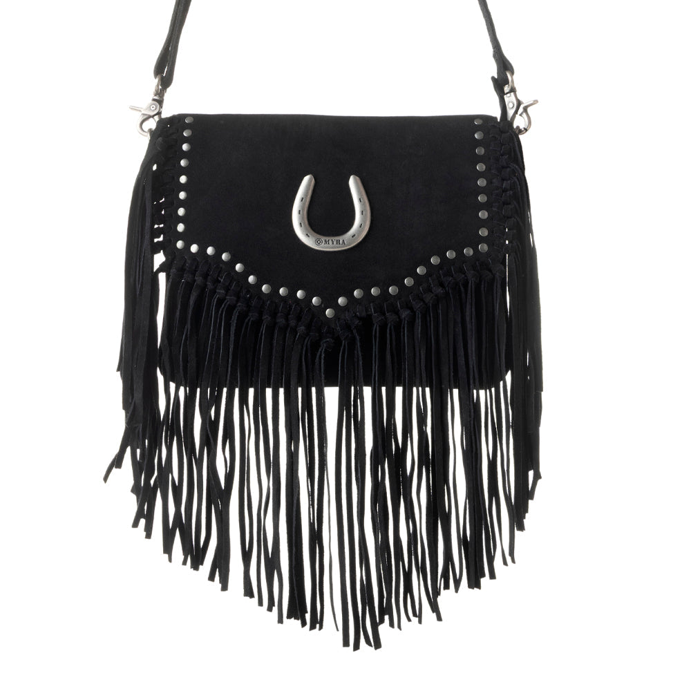 Myra Lucky Charm Leather Bag for Women in black with fringe and horseshoe detail