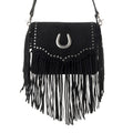 Myra Lucky Charm Leather Bag for Women in black with fringe and horseshoe detail