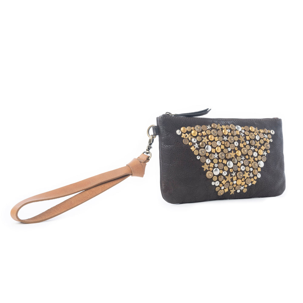 Pochette en cuir lavé clouté Myra Gold Halo noir antique