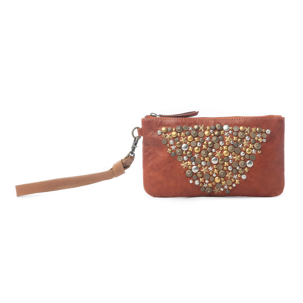 Pochette Myra Nova Point en cuir lavé clouté, coloris ambre bronze