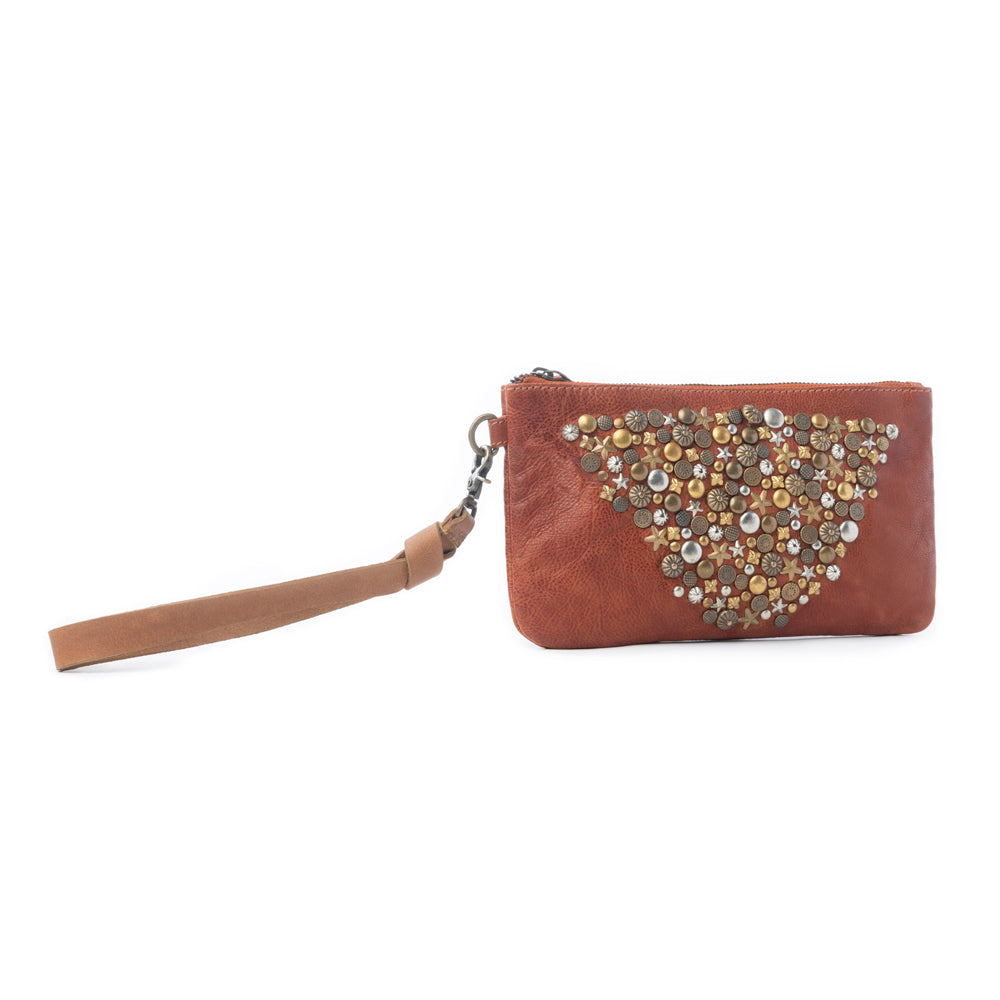 Pochette Myra Nova Point en cuir lavé clouté, coloris ambre bronze