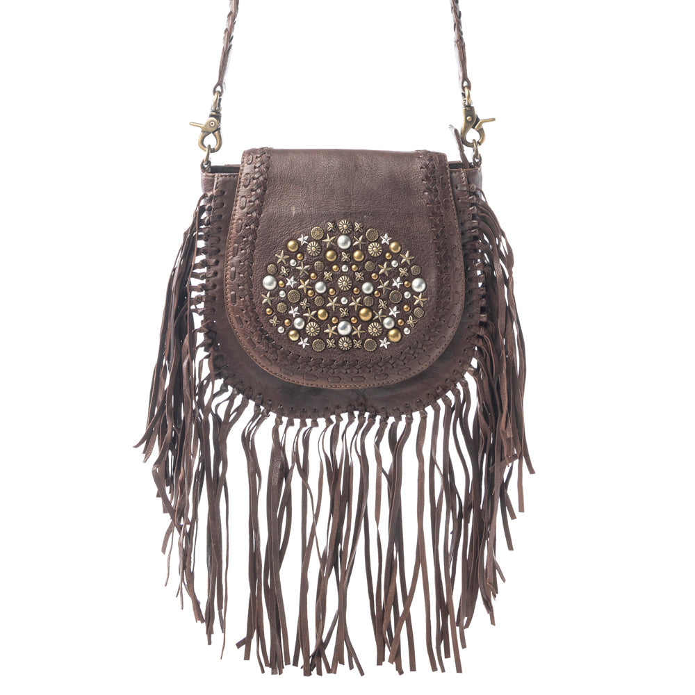 Sac en cuir clouté Myra Luna Belle avec franges Maverick Mocha