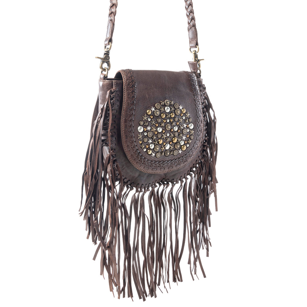 Sac en cuir clouté Myra Luna Belle avec franges Maverick Mocha