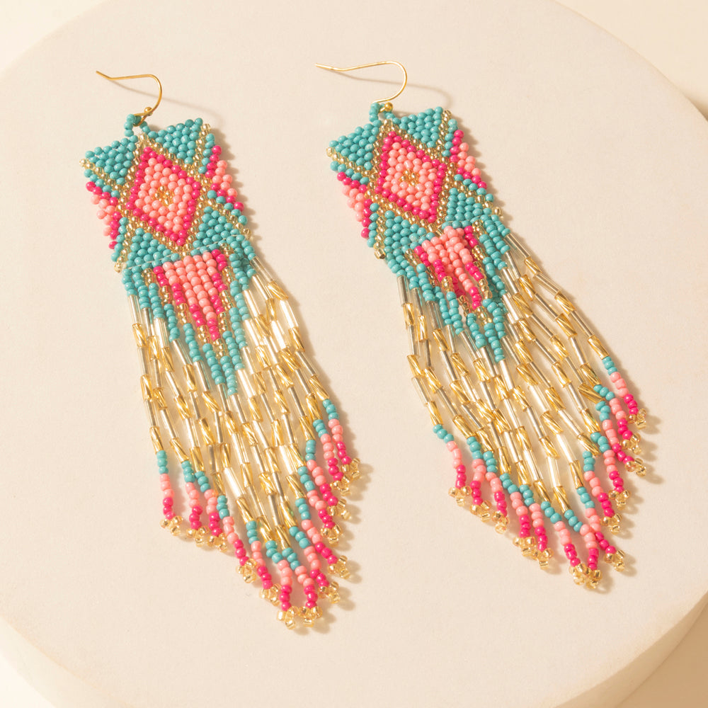 Boucles d'oreilles pendantes Myra Gilded Arena avec perles et franges, coloris bleu Rodéo