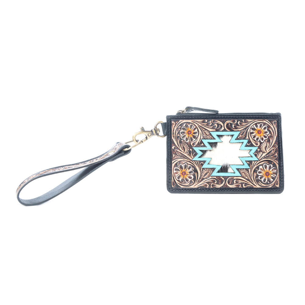 Porte-cartes en cuir pleine fleur Myra Navajo Sky, motif ciselé à la main, brun antique