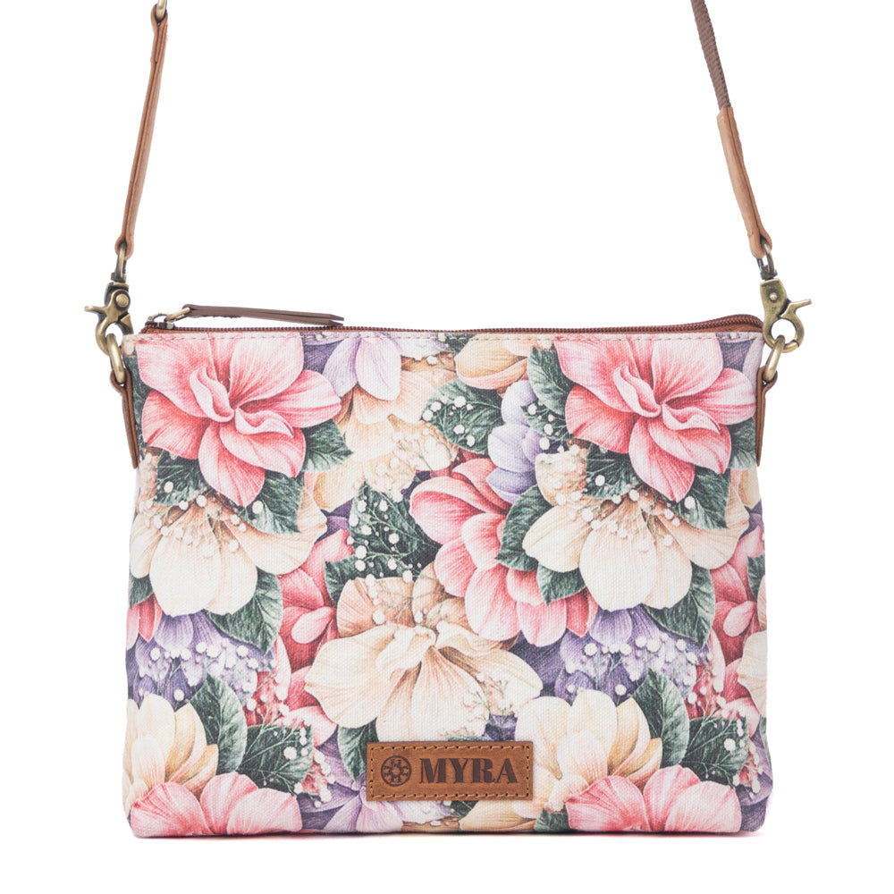 Sac bandoulière Myra Wildflower Trail en coton et cuir, couleur Vintage Rose