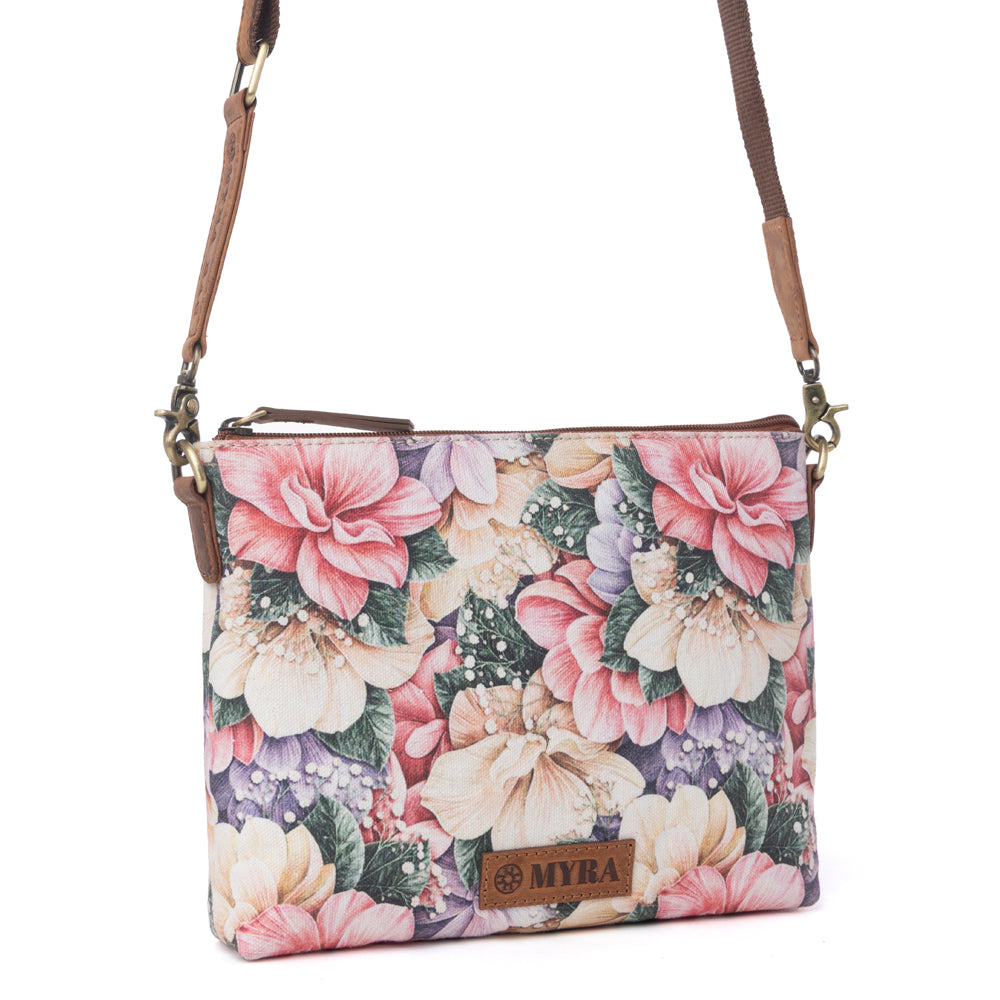 Sac bandoulière Myra Wildflower Trail en coton et cuir, couleur Vintage Rose