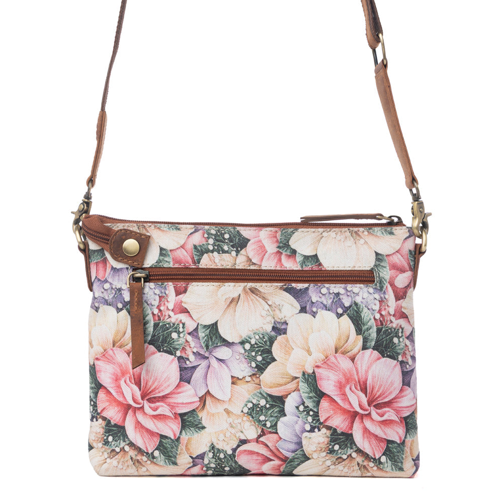 Sac bandoulière Myra Wildflower Trail en coton et cuir, couleur Vintage Rose