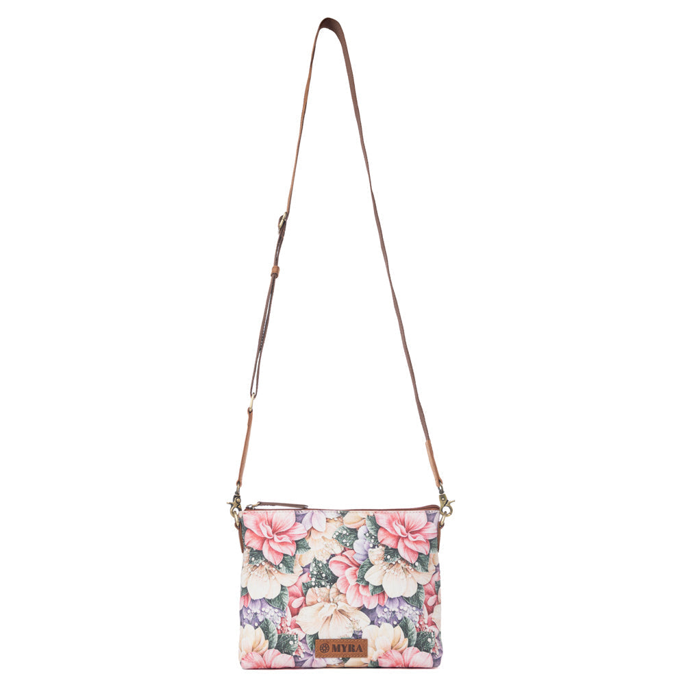 Sac bandoulière Myra Wildflower Trail en coton et cuir, couleur Vintage Rose