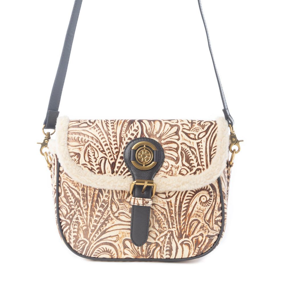 Sac bandoulière Myra Raven & Dune en cuir gaufré avec accent en fourrure en ivoire hivernal