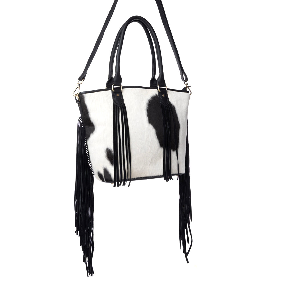 Sac à main Myra High Plains Hairon en cuir dissimulé avec franges, coloris Ebony Bone