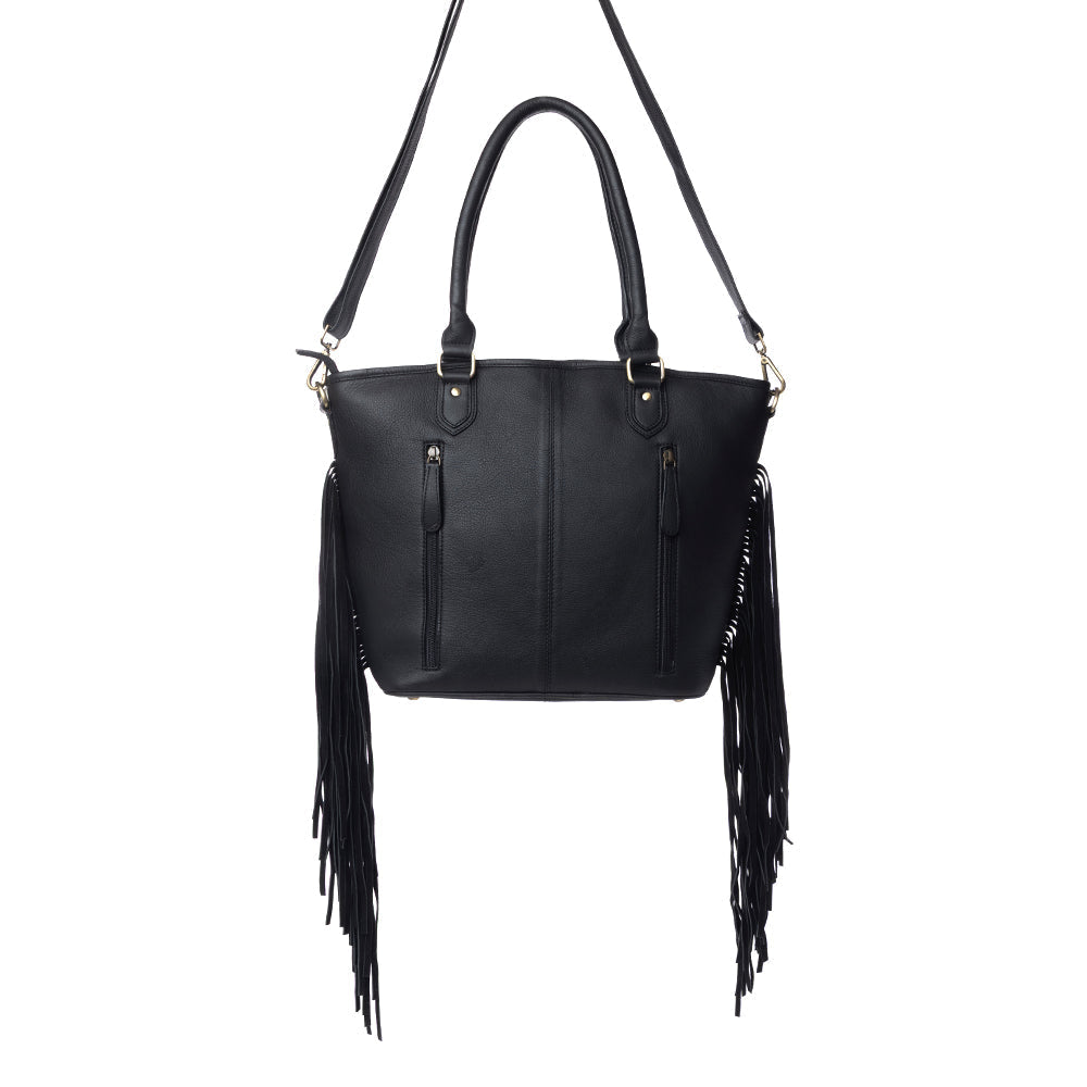 Sac à main Myra High Plains Hairon en cuir dissimulé avec franges, coloris Ebony Bone