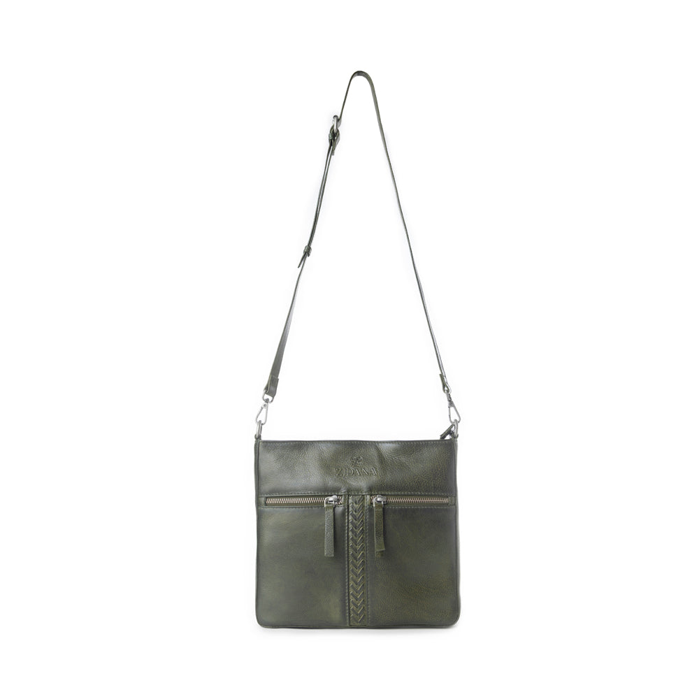 Myra Zidana El Paso Twin Veg Tanned Leather Crossbody Bag in Olive Grove