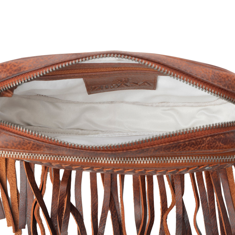 Sac en cuir tanné végétal Myra Zidana Stormy Trails à franges, coloris Vintage Ember