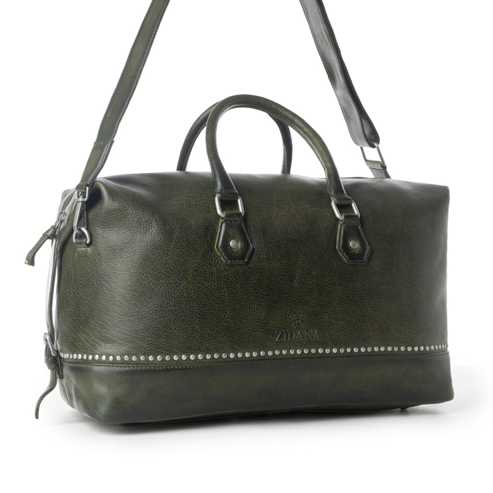Sac de voyage en cuir tanné végétal Myra Zidana Sundown Plains vert sauge