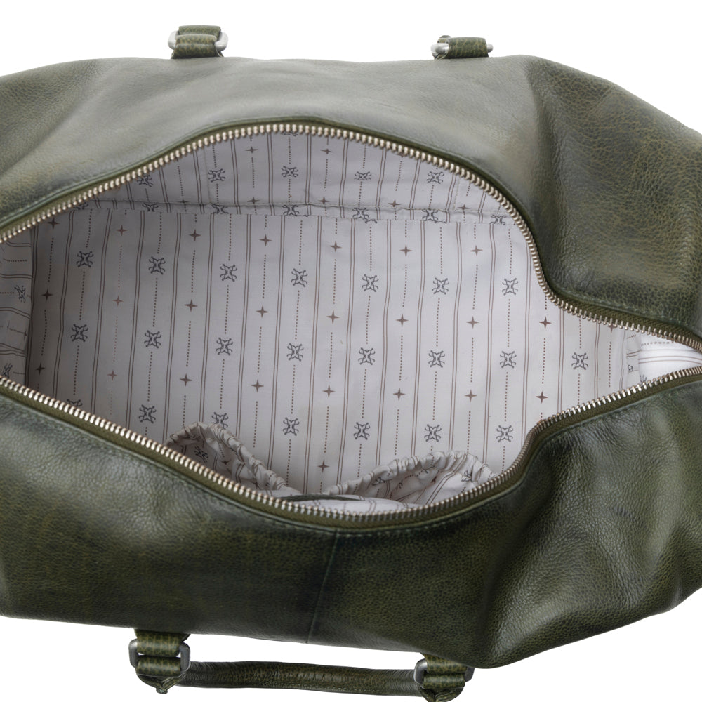 Sac de voyage en cuir tanné végétal Myra Zidana Sundown Plains vert sauge