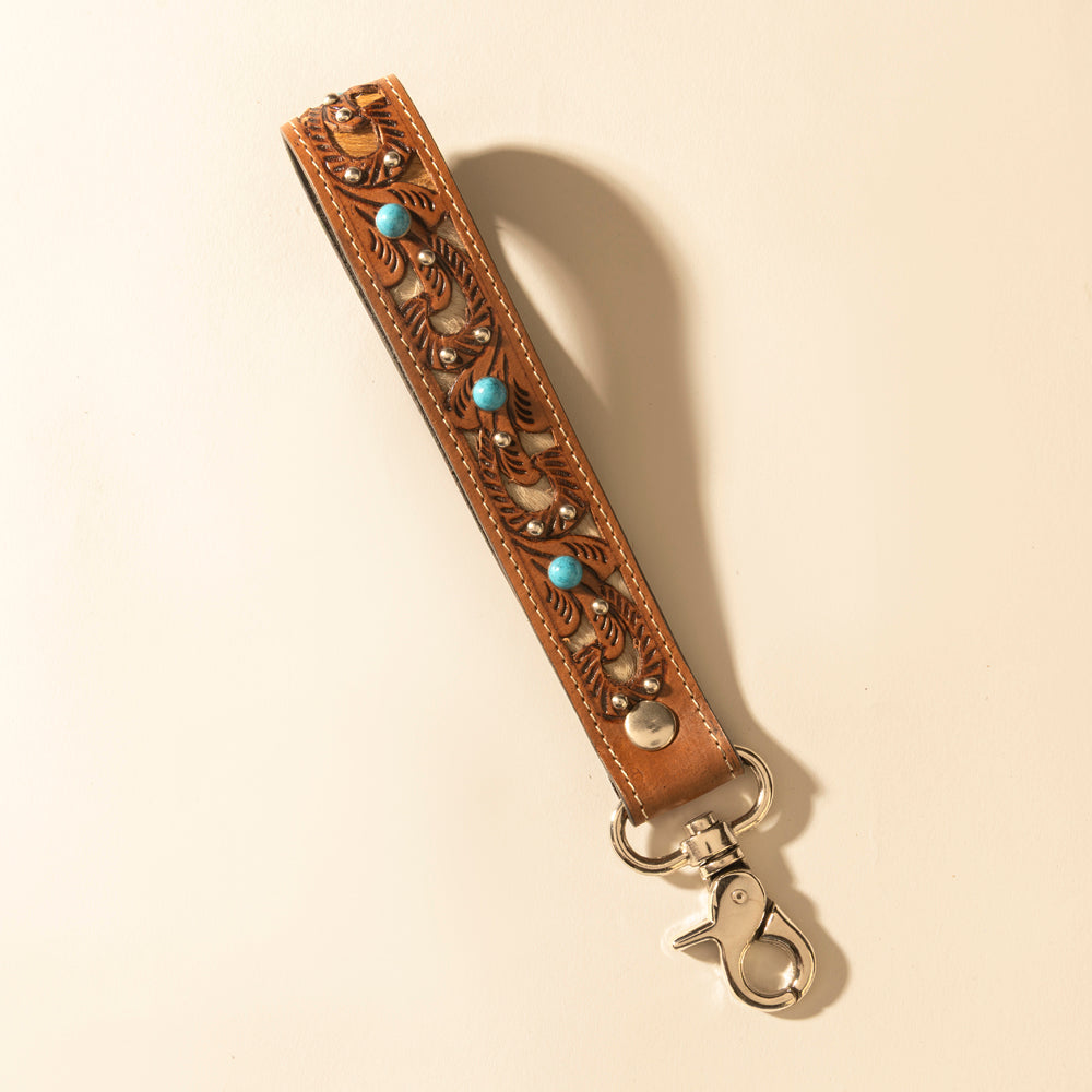 Porte-clés en cuir gravé à la main Myra River Glen en Turquoise Miel