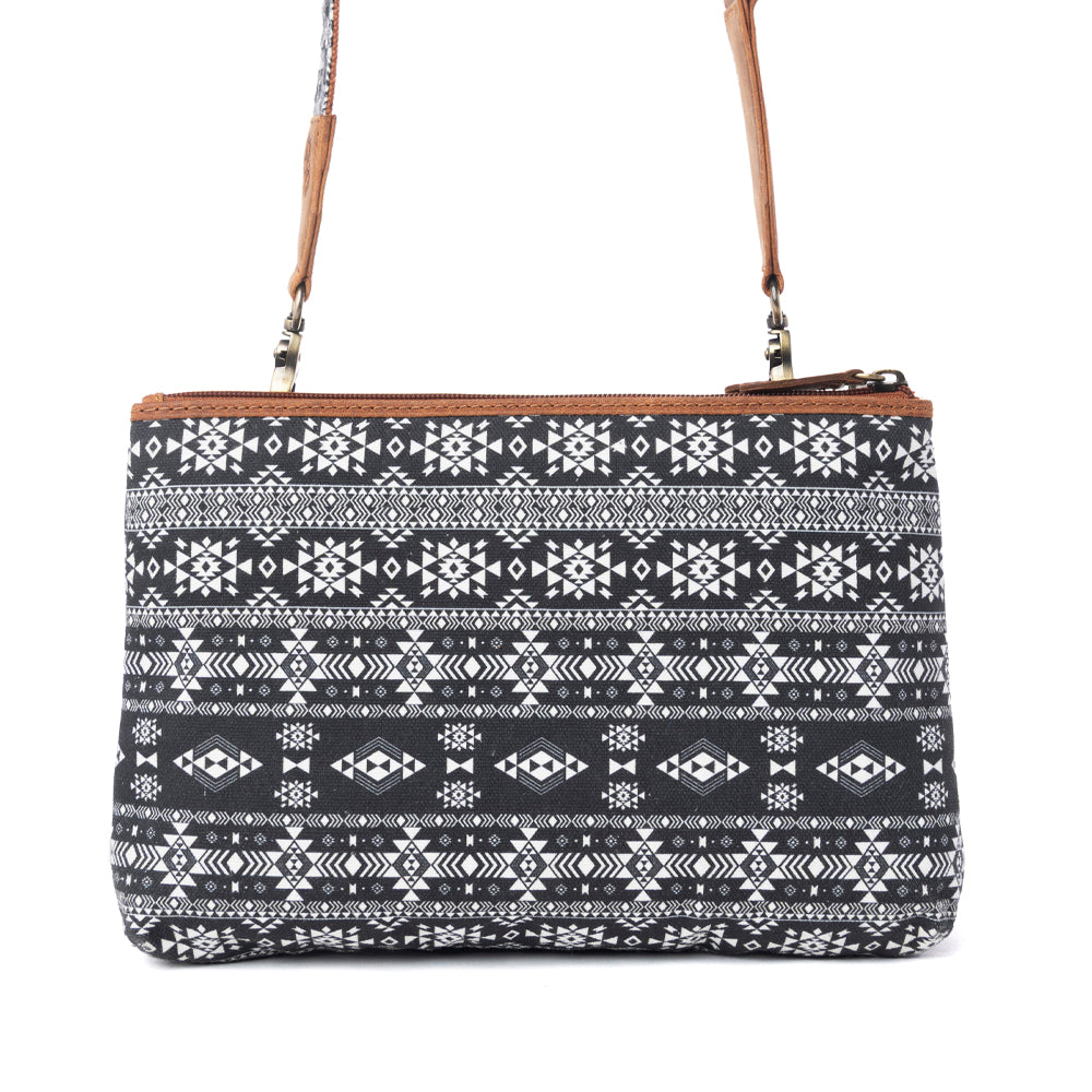 Sac bandoulière Myra Tribal Hollow en coton et cuir Onyx de minuit