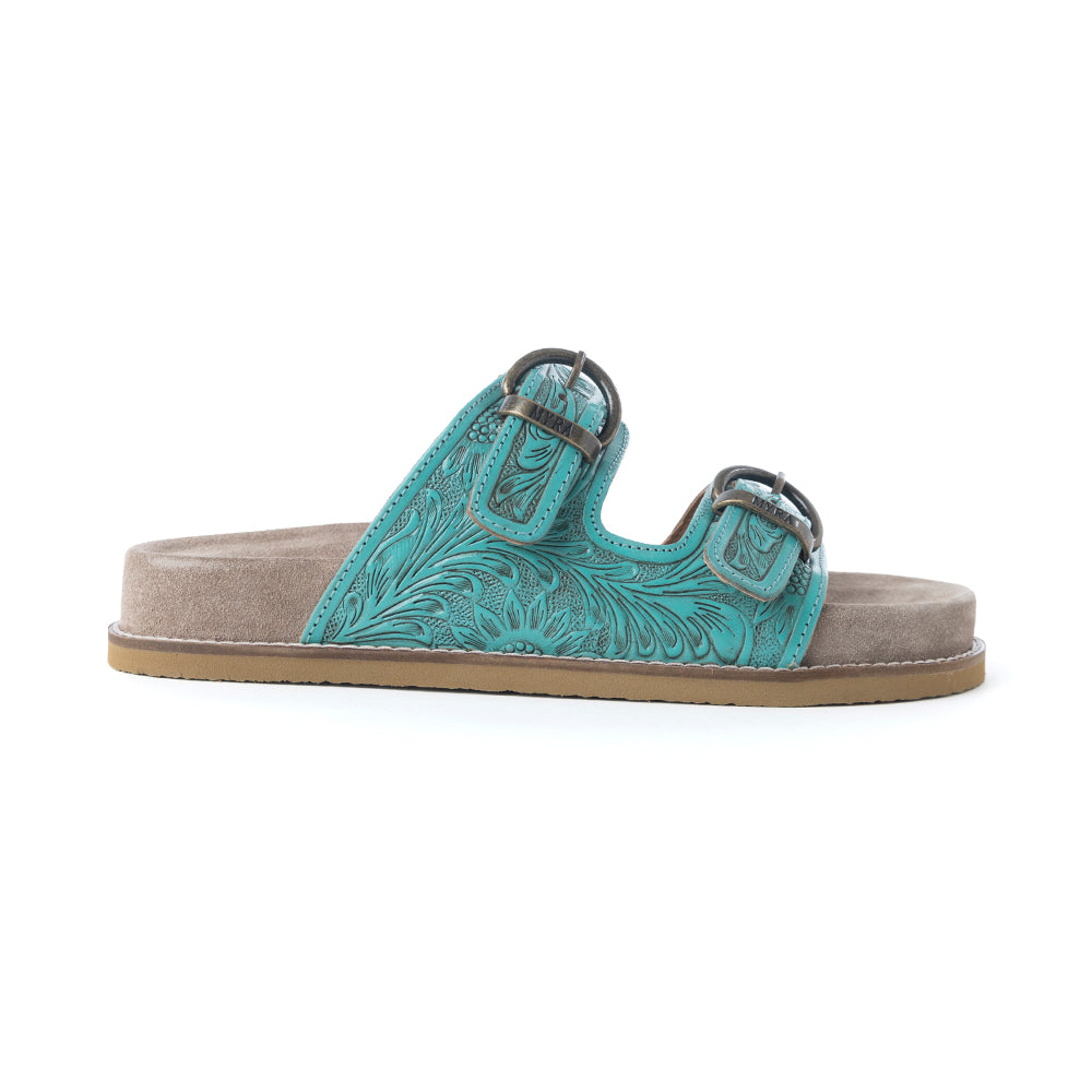 Sandales en cuir ciselé Myra Bluebell Ranch Handtooled, couleur bleu-vert alpin