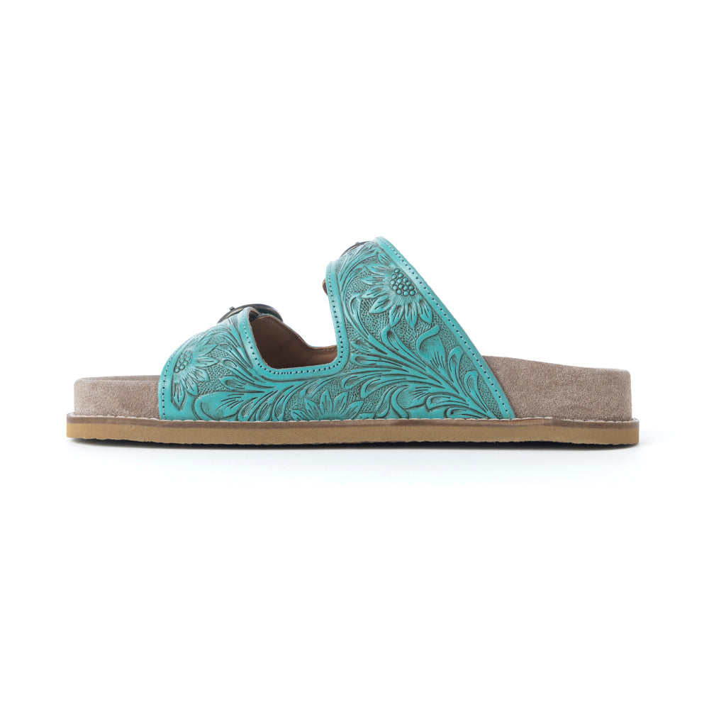 Sandales en cuir ciselé Myra Bluebell Ranch Handtooled, couleur bleu-vert alpin