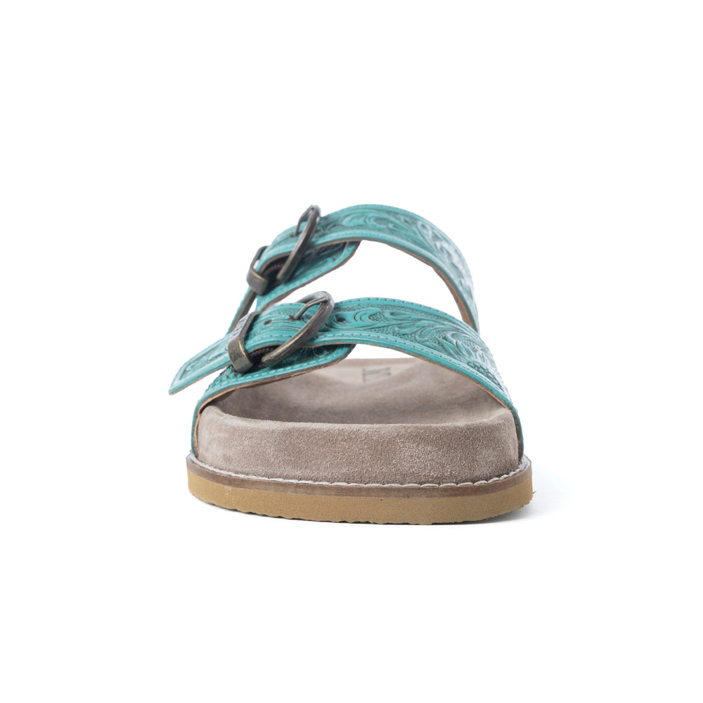 Sandales en cuir ciselé Myra Bluebell Ranch Handtooled, couleur bleu-vert alpin